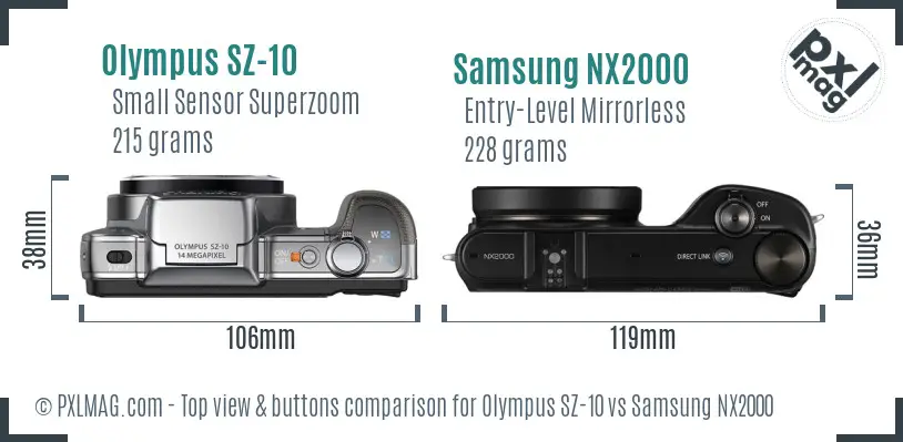 Olympus SZ-10 vs Samsung NX2000 top view buttons comparison