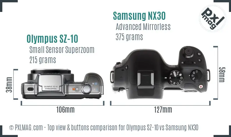 Olympus SZ-10 vs Samsung NX30 top view buttons comparison