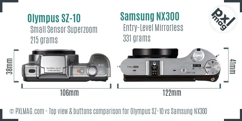 Olympus SZ-10 vs Samsung NX300 top view buttons comparison