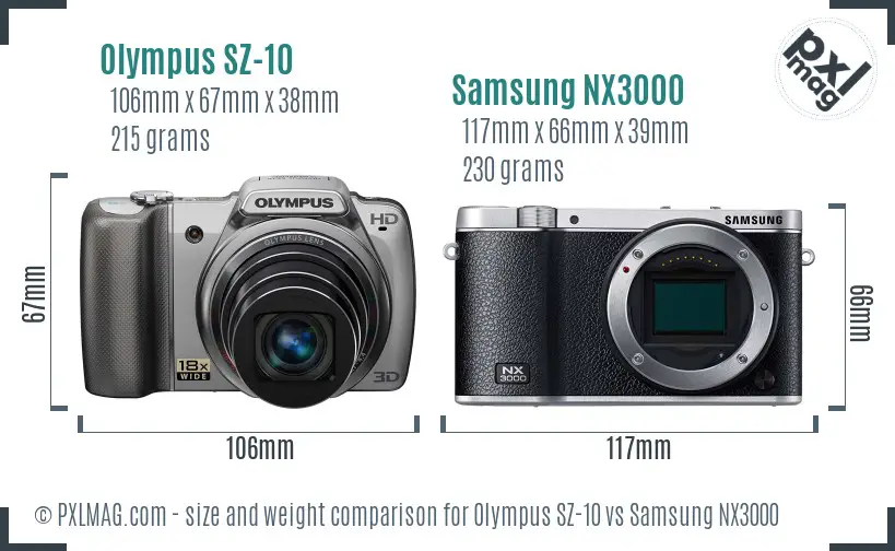 Olympus SZ-10 vs Samsung NX3000 size comparison