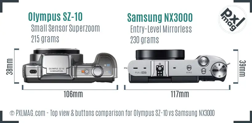 Olympus SZ-10 vs Samsung NX3000 top view buttons comparison