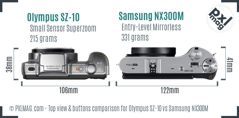 Olympus SZ-10 vs Samsung NX300M top view buttons comparison