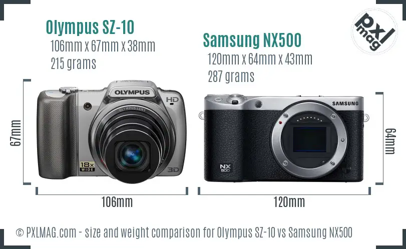 Olympus SZ-10 vs Samsung NX500 size comparison