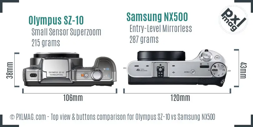 Olympus SZ-10 vs Samsung NX500 top view buttons comparison