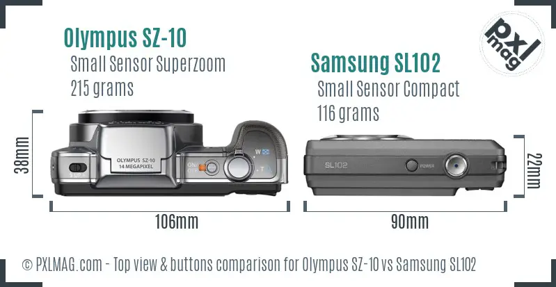 Olympus SZ-10 vs Samsung SL102 top view buttons comparison