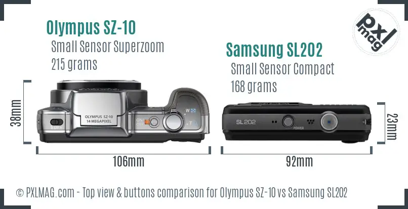 Olympus SZ-10 vs Samsung SL202 top view buttons comparison