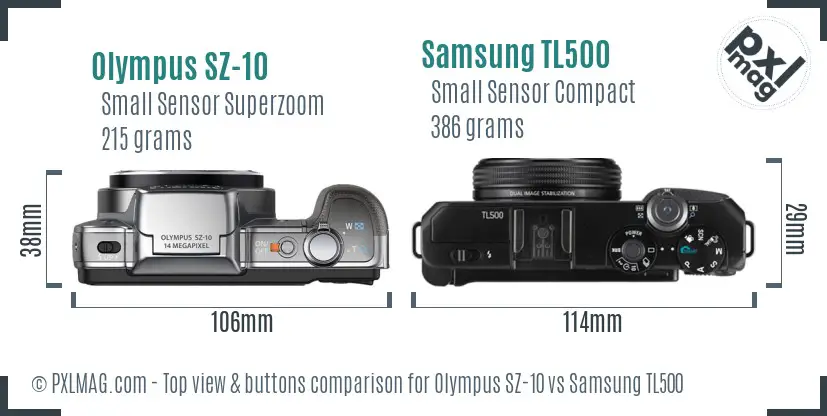 Olympus SZ-10 vs Samsung TL500 top view buttons comparison