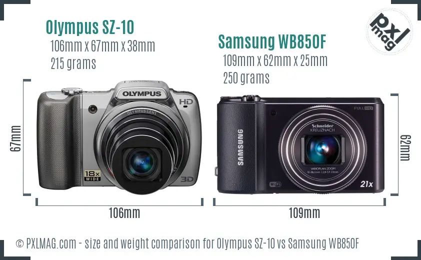 Olympus SZ-10 vs Samsung WB850F size comparison