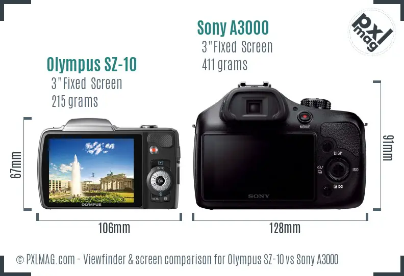 Olympus SZ-10 vs Sony A3000 Screen and Viewfinder comparison