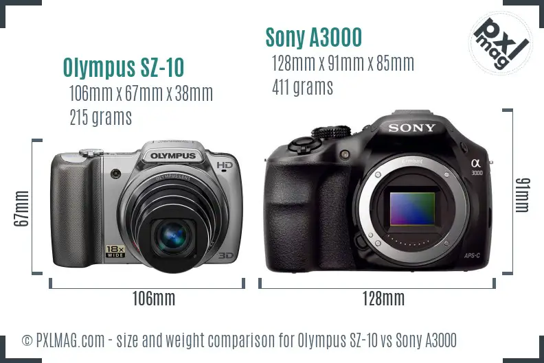 Olympus SZ-10 vs Sony A3000 size comparison