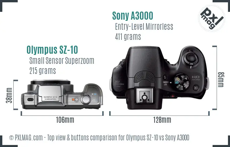 Olympus SZ-10 vs Sony A3000 top view buttons comparison