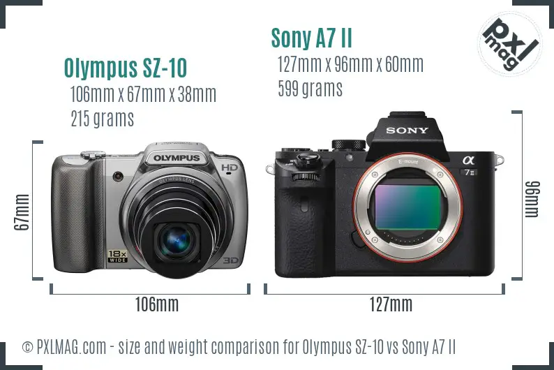 Olympus SZ-10 vs Sony A7 II size comparison