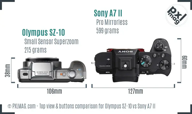 Olympus SZ-10 vs Sony A7 II top view buttons comparison