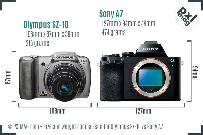 Olympus SZ-10 vs Sony A7 size comparison