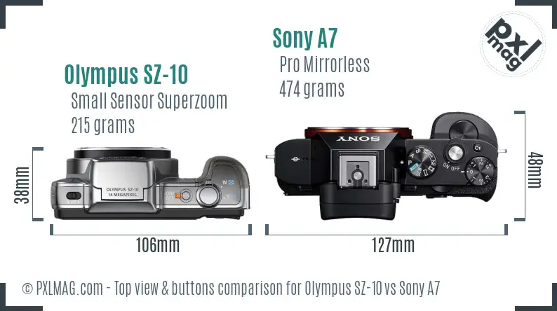 Olympus SZ-10 vs Sony A7 top view buttons comparison