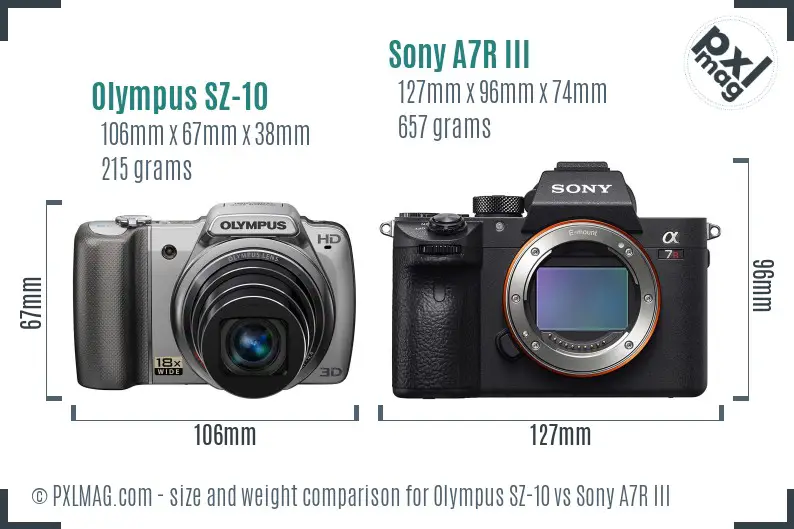 Olympus SZ-10 vs Sony A7R III size comparison