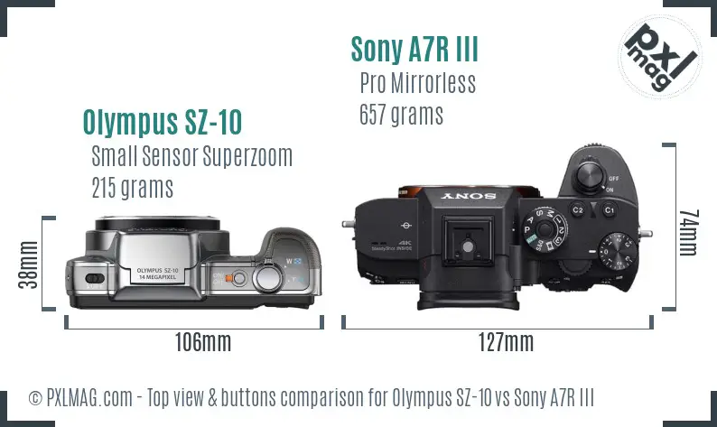 Olympus SZ-10 vs Sony A7R III top view buttons comparison