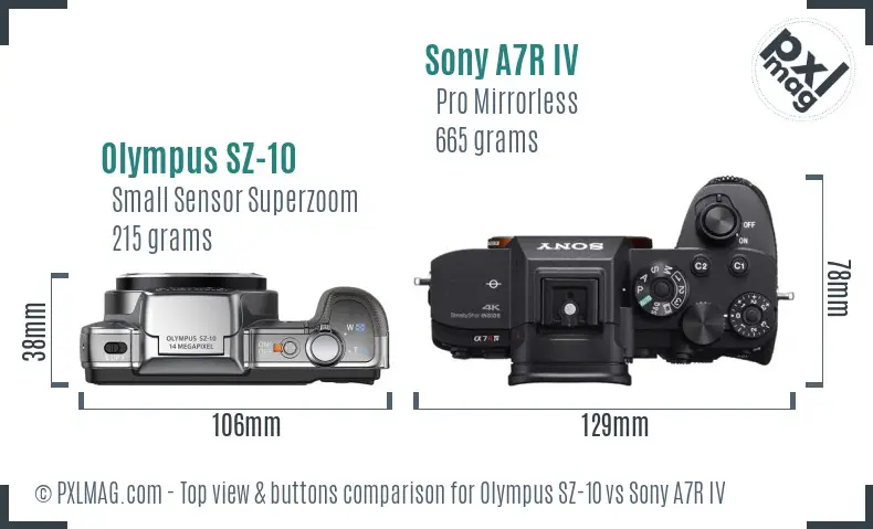 Olympus SZ-10 vs Sony A7R IV top view buttons comparison
