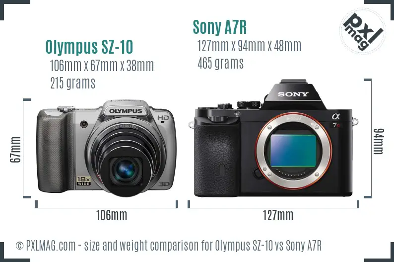 Olympus SZ-10 vs Sony A7R size comparison