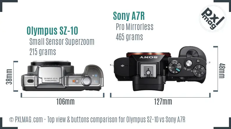 Olympus SZ-10 vs Sony A7R top view buttons comparison