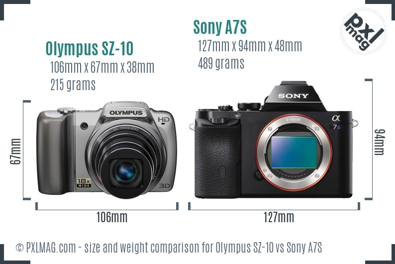 Olympus SZ-10 vs Sony A7S size comparison