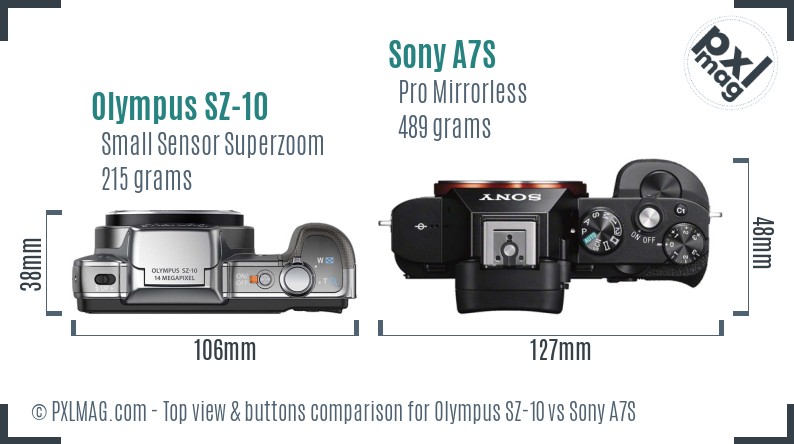 Olympus SZ-10 vs Sony A7S top view buttons comparison