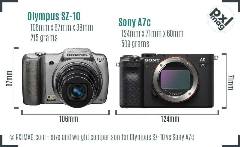 Olympus SZ-10 vs Sony A7c size comparison
