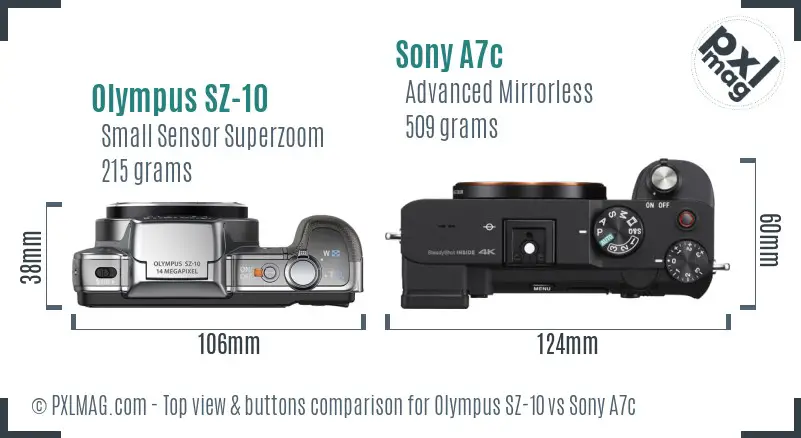 Olympus SZ-10 vs Sony A7c top view buttons comparison