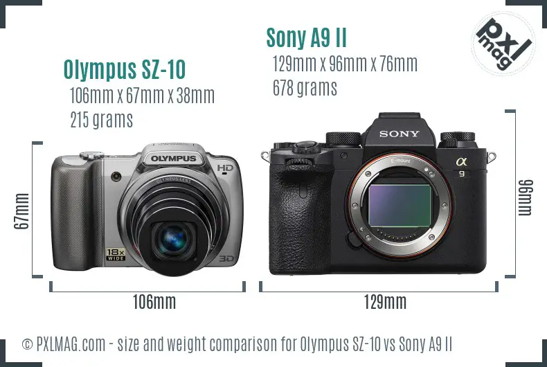 Olympus SZ-10 vs Sony A9 II size comparison