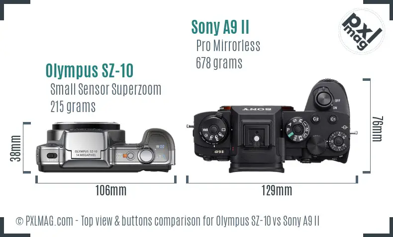 Olympus SZ-10 vs Sony A9 II top view buttons comparison