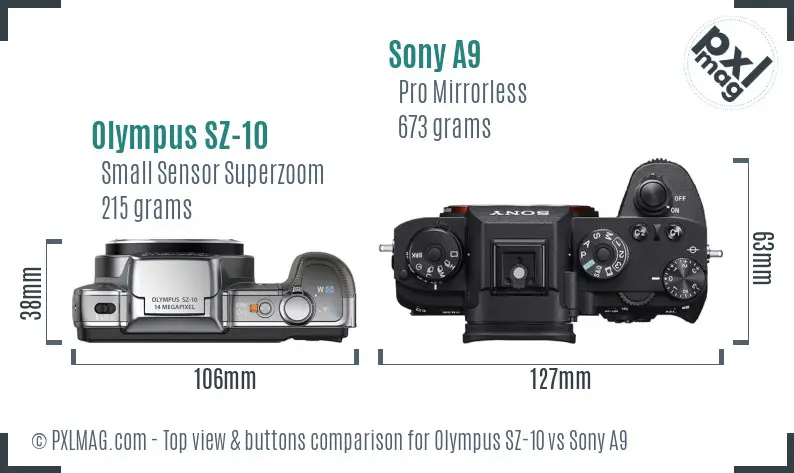 Olympus SZ-10 vs Sony A9 top view buttons comparison