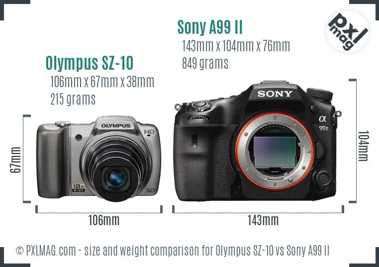 Olympus SZ-10 vs Sony A99 II size comparison