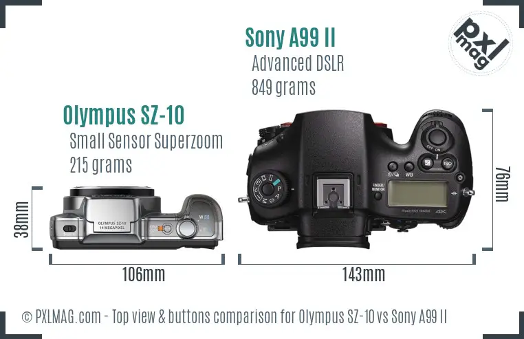 Olympus SZ-10 vs Sony A99 II top view buttons comparison