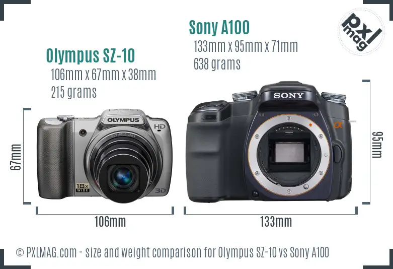 Olympus SZ-10 vs Sony A100 size comparison