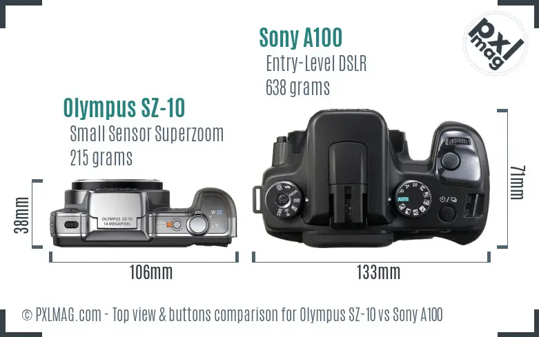 Olympus SZ-10 vs Sony A100 top view buttons comparison