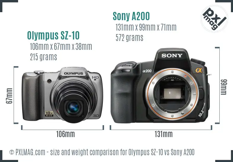 Olympus SZ-10 vs Sony A200 size comparison