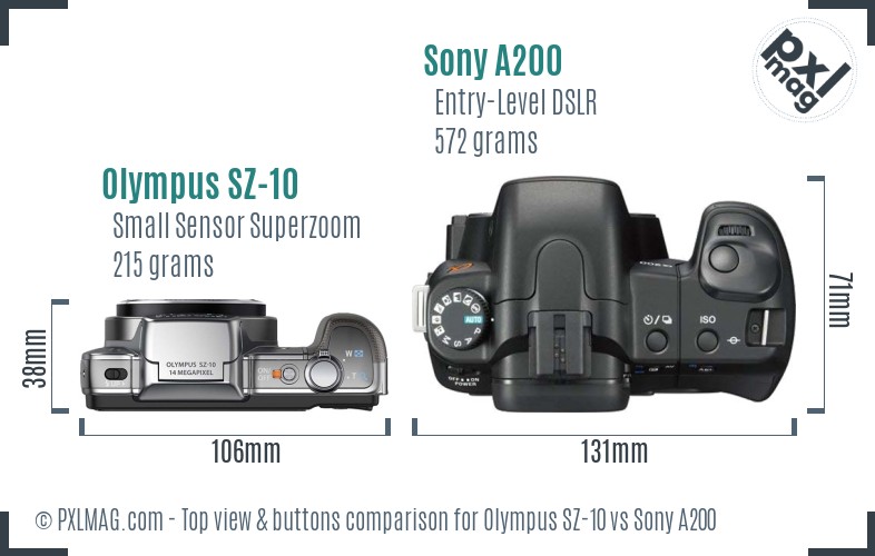 Olympus SZ-10 vs Sony A200 top view buttons comparison