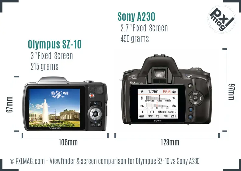 Olympus SZ-10 vs Sony A230 Screen and Viewfinder comparison