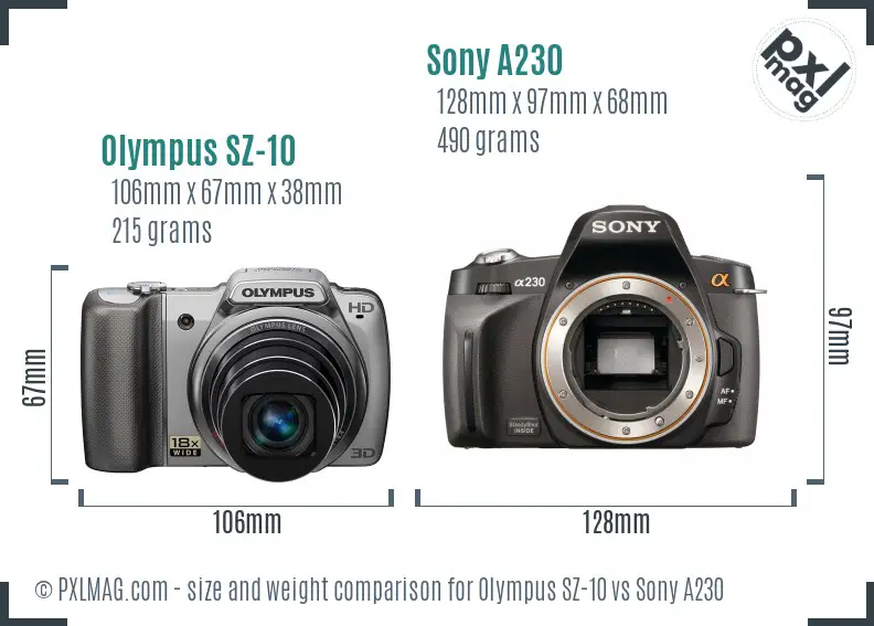 Olympus SZ-10 vs Sony A230 size comparison