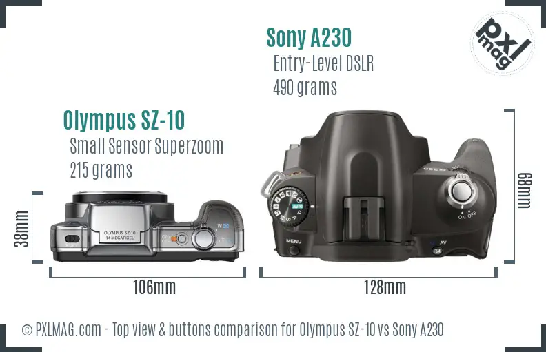 Olympus SZ-10 vs Sony A230 top view buttons comparison