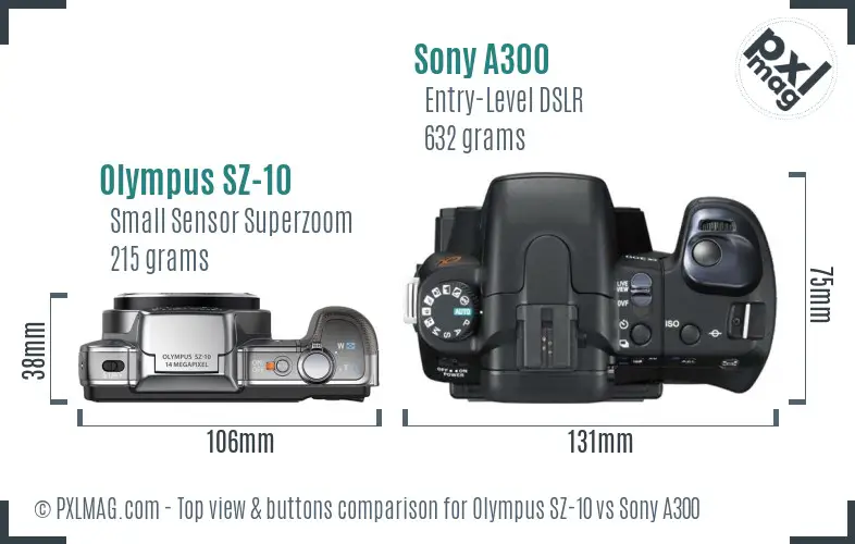 Olympus SZ-10 vs Sony A300 top view buttons comparison