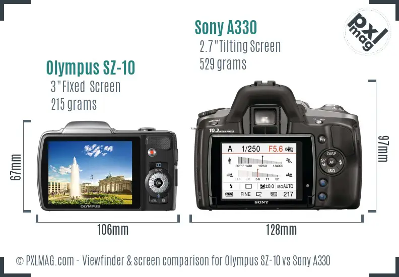 Olympus SZ-10 vs Sony A330 Screen and Viewfinder comparison