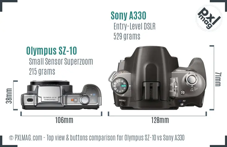 Olympus SZ-10 vs Sony A330 top view buttons comparison
