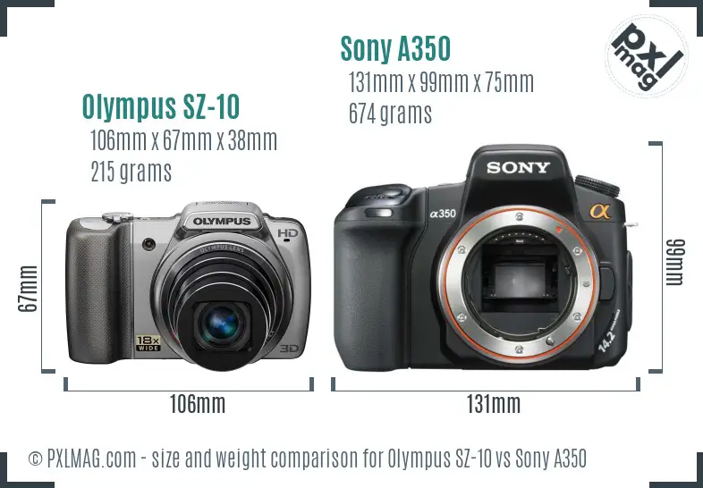 Olympus SZ-10 vs Sony A350 size comparison