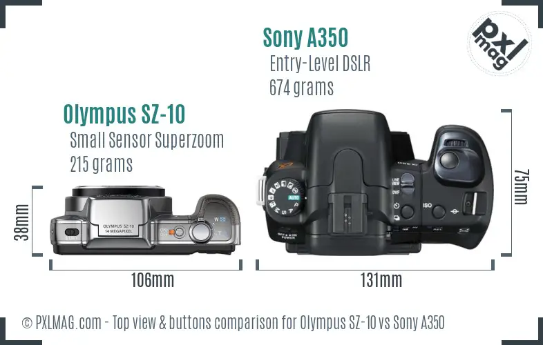 Olympus SZ-10 vs Sony A350 top view buttons comparison