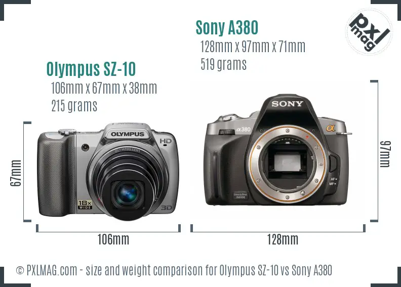 Olympus SZ-10 vs Sony A380 size comparison
