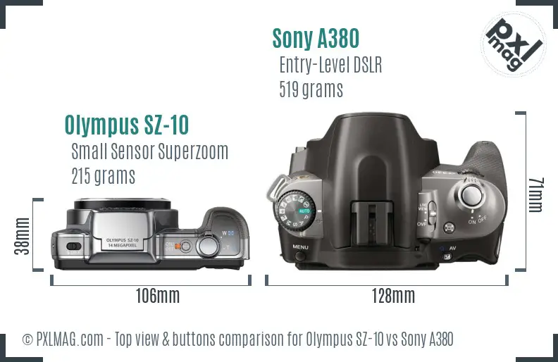 Olympus SZ-10 vs Sony A380 top view buttons comparison