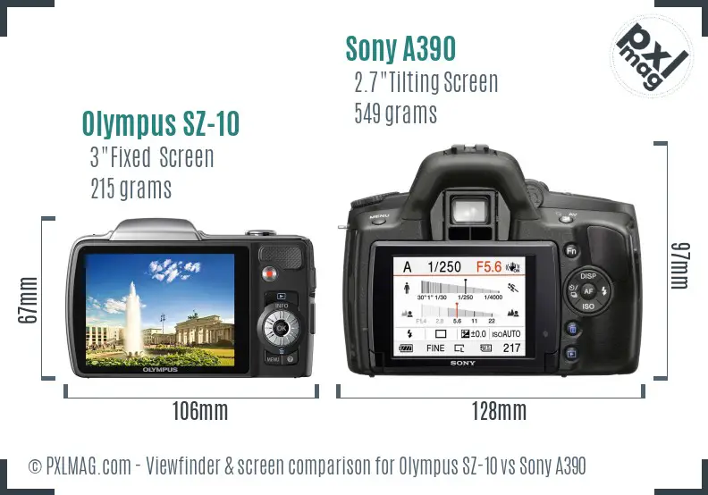 Olympus SZ-10 vs Sony A390 Screen and Viewfinder comparison