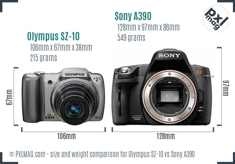 Olympus SZ-10 vs Sony A390 size comparison