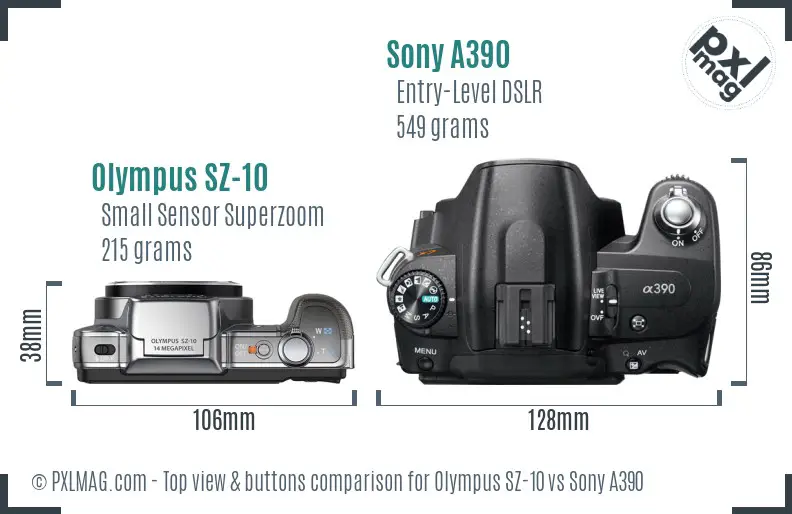 Olympus SZ-10 vs Sony A390 top view buttons comparison
